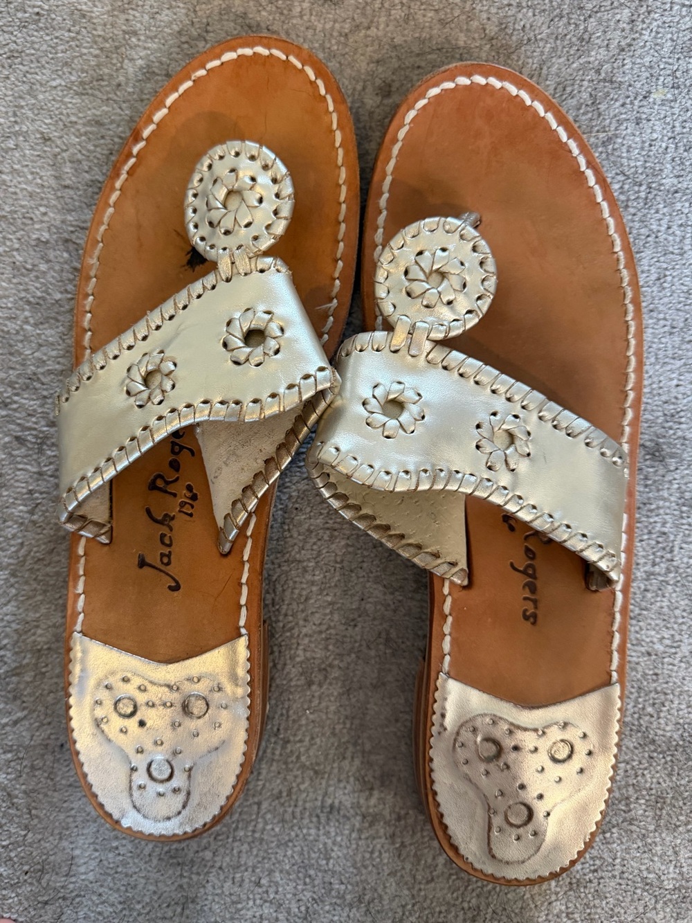 Jack Rogers Gold Leather Whipstitch Medallion Sandals